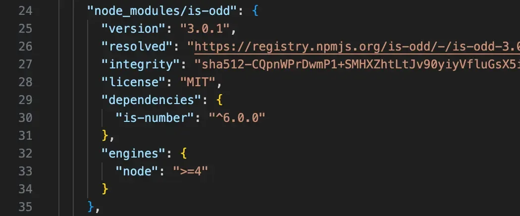 npm i로 설치한 뒤 lock에 is-odd 3.0.1이 정확히 박힌 package-lock.json 화면