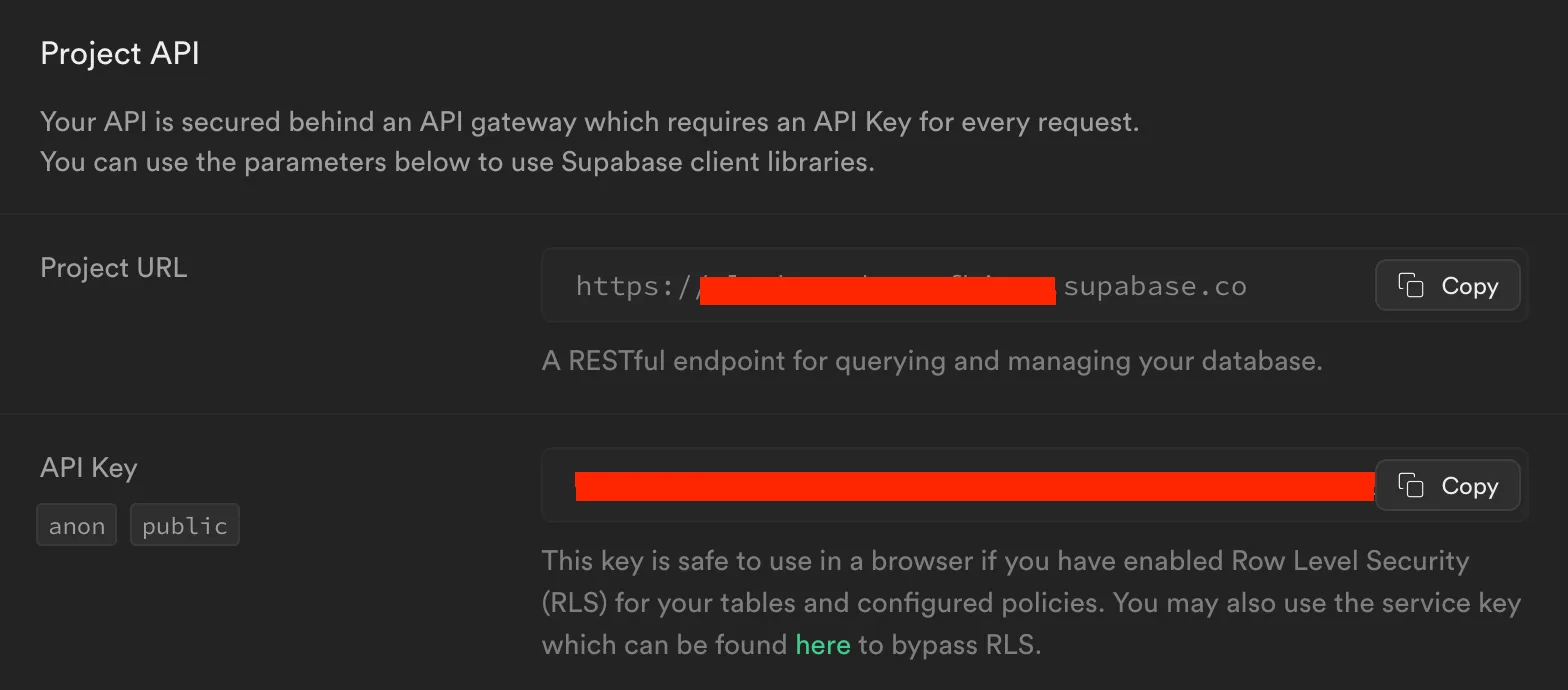 Supabase 프로젝트 URL, API 키