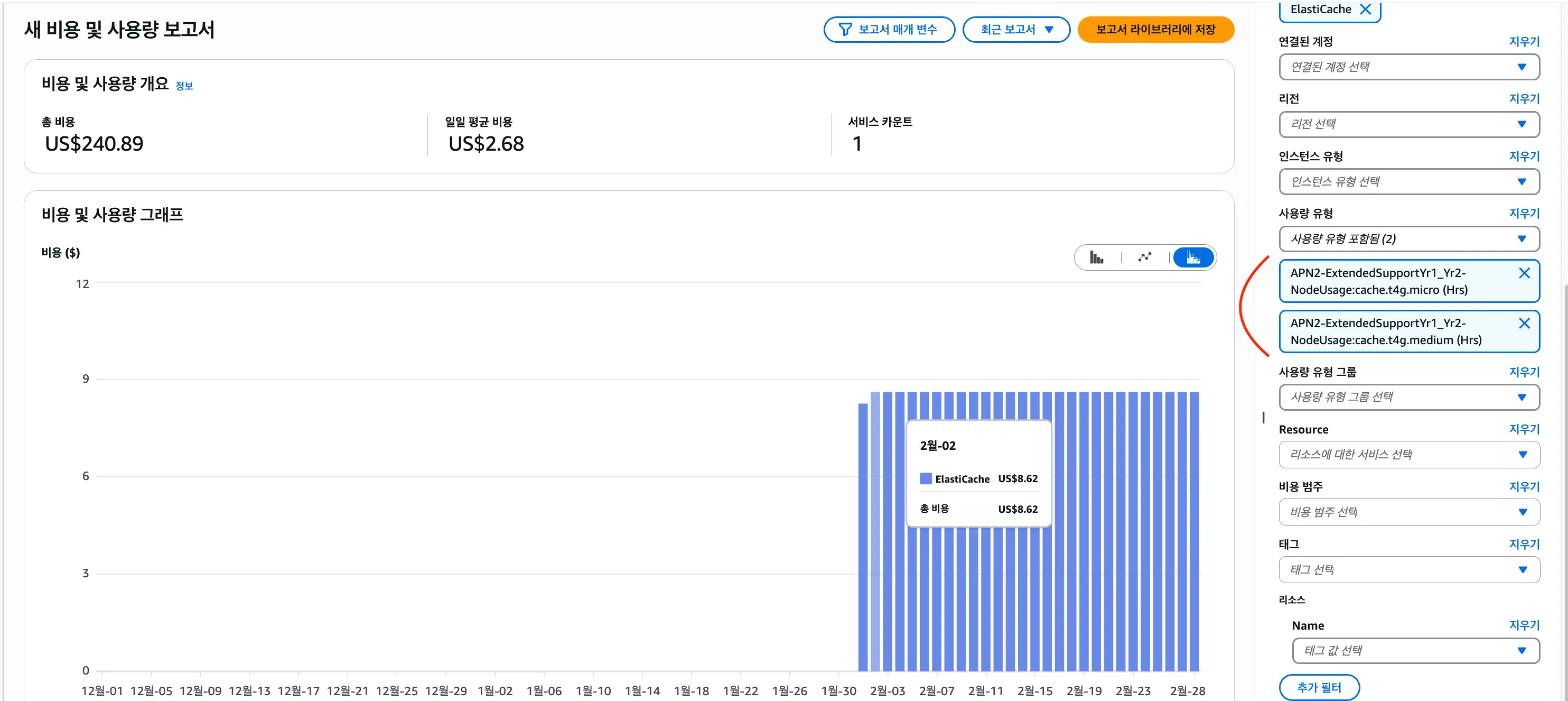 ExtendedSupportYr1_Yr2 항목이 별도로 집계된 Cost Explorer